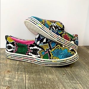 Multi colored snake skin slip on shoes